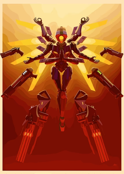 'Multi-Armed Robot with Guns' Poster, picture, metal print, paint by nyenengke mbokne | Displate