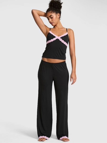 Black Long Modal Lace Trim Pyjama Set - Size XS Reg