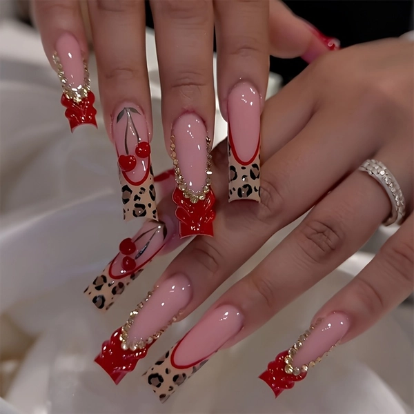 TEMU A Set Of 24 Long Square Press-on False Nails, Leopard -dimensional Drill, Suitable For And, With Nail File And Jelly Glue Included In The Box,