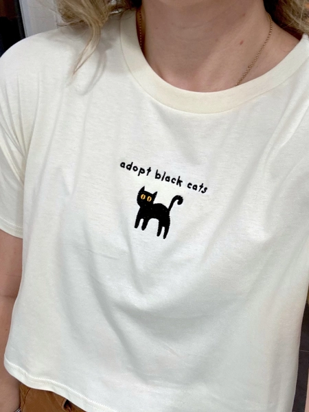 Adopt black cats embroidered crop top