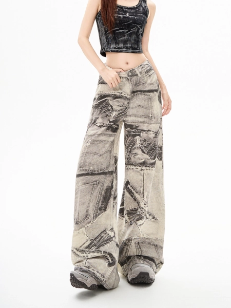 Grey Patchwork Print Wide-Leg Jeans | San - ATEEZ - Fashion Chingu
