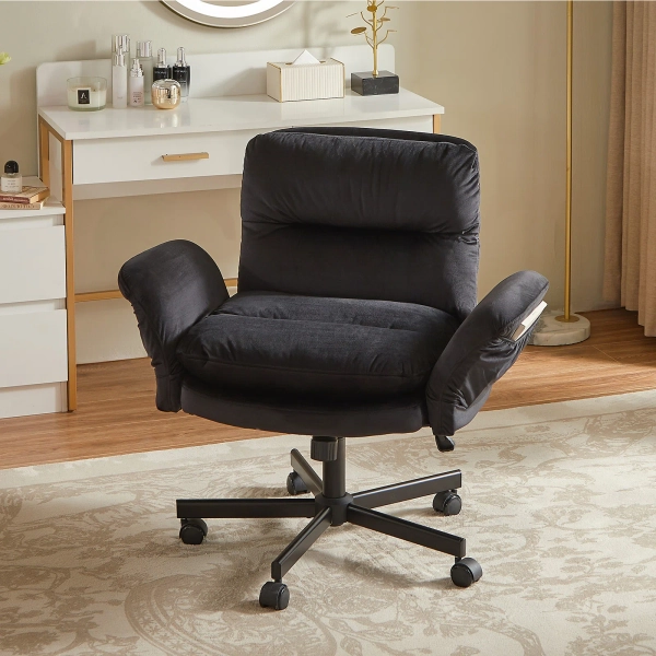 Black Velvet Cross-Legged Office Chair with Flip-up armrests,Swivel Criss Cross Executive Chair with 2 Side Pockets, Modern Vanity Chair with Wheels