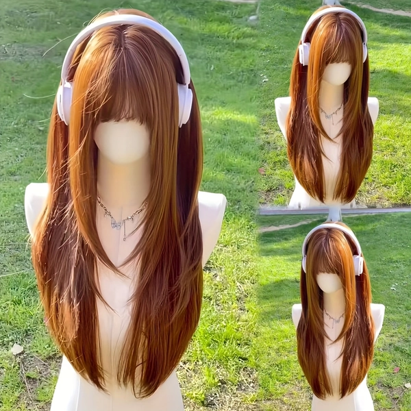 A 26-inch Women's Wig in Honey Tea Color with Straight Bangs, Elegant and Light Beige Enhancing, Perfect for Halloween Parties, Daily Wear, Smooth and Breathable Full Wig.