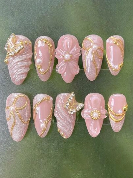 Cute Y2K Balletcore Sweet Style 10Pcs Short Almond-Shaped Pure Handmade 3D Resin Rhinestones Bow & Star Design Press-On Nail Tips, Suitable For Daily, Date, Afternoon Tea, Outgoing Press On Nails Nail Supplies Nails