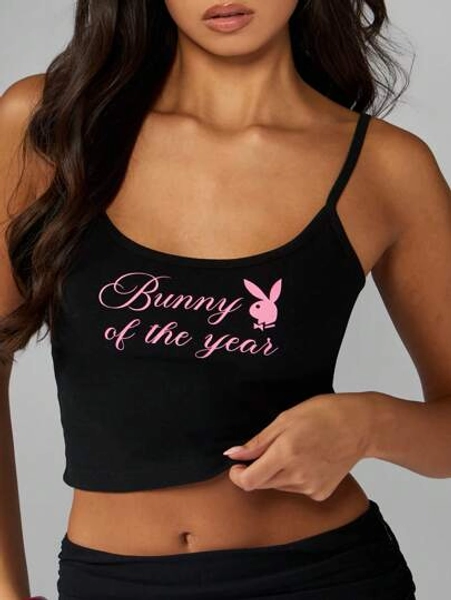 Missguided x Playboy Bunny Of The Year Crop Tank Top Festival Summer Cami Sleeveless Graphic Print Spaghetti Strap Party Clubwear Top Lounge Camisole