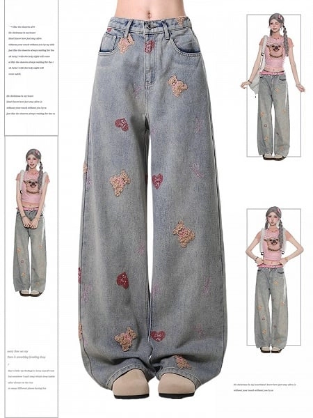 [$45.00]Light Gray Straight-Leg Jeans with Faded Wash and Bear Embroidery