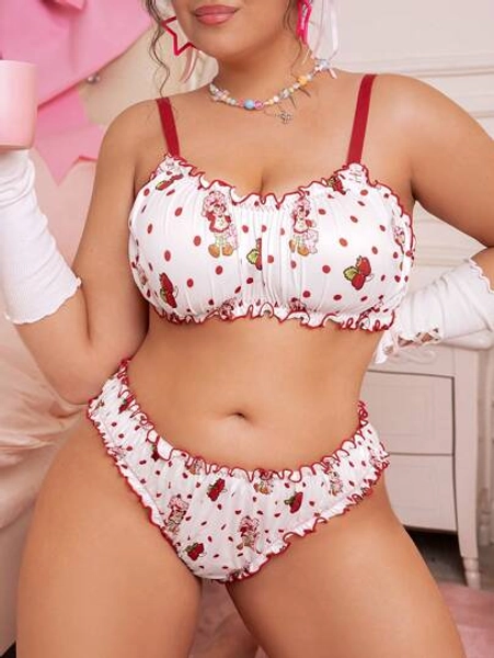 Strawberry Shortcake X SHEIN Plus Size White And Red Polka Dot, Strawberry Print Comfortable Lingerie Bra And Panty Set,No Padding, Cute,Kawaii,Sweet,Y2k