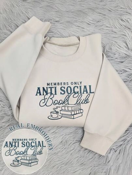 INAWLY Moletom feminino casual de manga comprida com gola redonda e bordado "Anti-Social/Book Club", ideal para formaturas, volta às aulas, para professoras e para o outono/inverno.