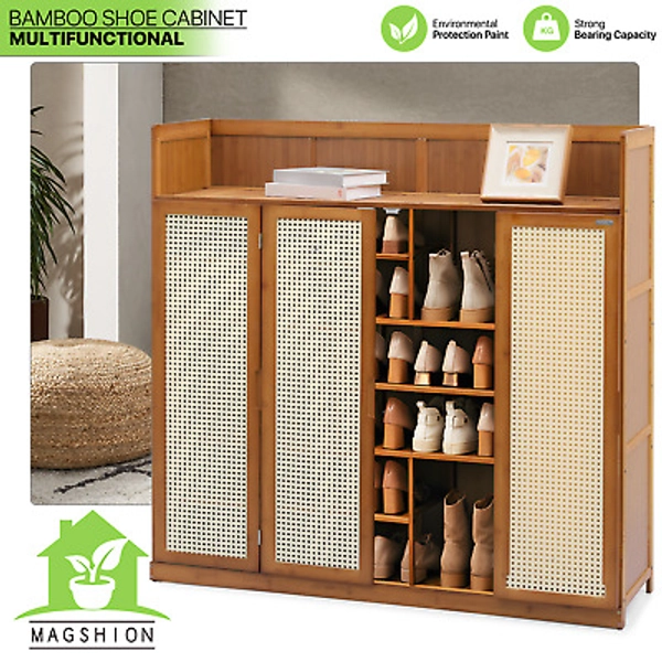 7-Tier Bamboo Shoe Rack 46" Heels Storage Shelf Organizer w/Plastic Rattan Door | eBay