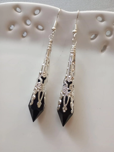 1920s Art Deco Flapper Earrings, Gatsby Vamp Black Goth Jewelry, Clip On Available