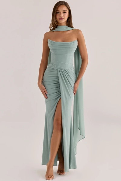 Portia Jade Crepe Strapless Maxi Dress With Detachable Georgette Cape