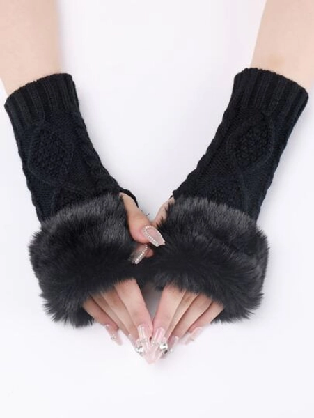 1pair Women's Black Fingerless Short Knitted Gloves With Faux Fur Cuffs, Autumn And Winter, Warm And Fashionable