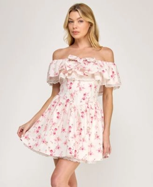 Juniors' Off-The-Shoulder Fit and Flare Mini Dress