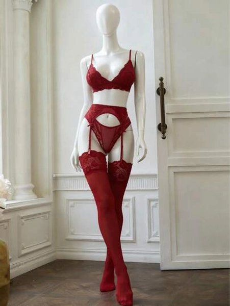 Floral Lace Garter Lingerie Set