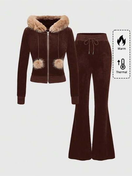 ROMWE Grunge Punk Women's Velvet Patchwork Hooded Collar 2 Pieces Set