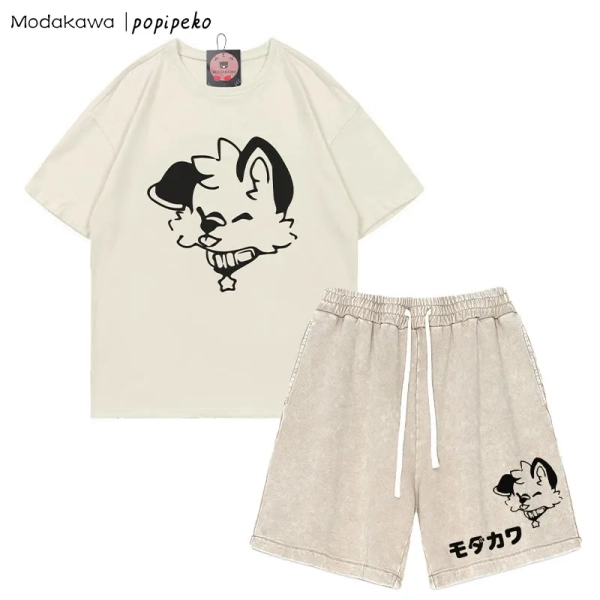 MODAKAWA X popipeko Puppy Letter T-shirt Vintage Washed Shorts Two Pieces Set