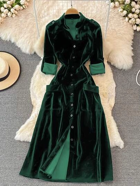 Women's Vintage Waist Pocket Single-Breasted Velvet Cardigan Dress, Autumn/Winter