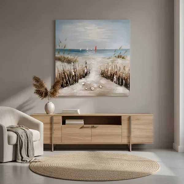 Cuadro Decorativo Pintado A Mano Lienzo Al Oleo 100x100cm Color Azul Acero Armazón Gris