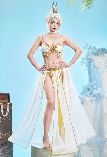 Maillot de bain deux pièces blanc imprimé inspiré du jeu Baldur's Gate Shadowheart avec jupe en tulle