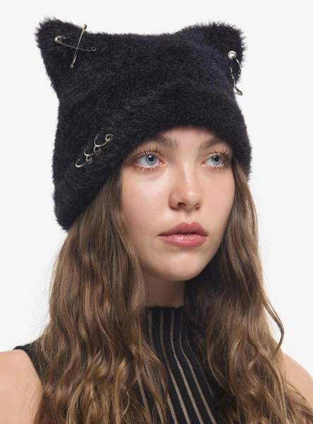 Black Fuzzy Pierced Cat Ear Beanie