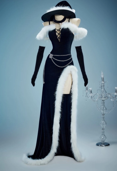 Yor Derivative Christmas Gothic Black Dress Set Dark Witch Style Furry Dress with Hat Gloves