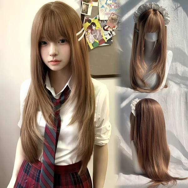 1pc Women's -Looking Full Wig with Champagne Blonde Hair - 26-Inch Long Straight Bangs, No-Shedding Daily Wear & Hair Suitable for Skin Tones, Comfortable for Daily Use, Halloween, Christmas, Dates