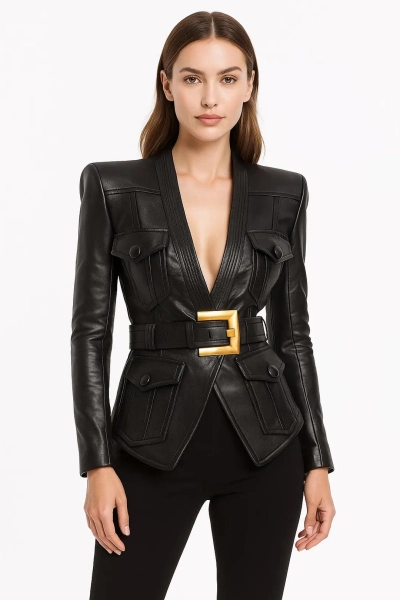 Handmade Women's Lambskin Leather Blazer With Belt, Custom Made - Etsy UK