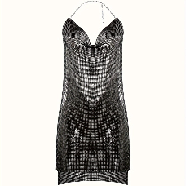 Low-cut backless chain strap deep V sequin dress with front short and long back, high slit ultra-short dress for music festival Women's wear