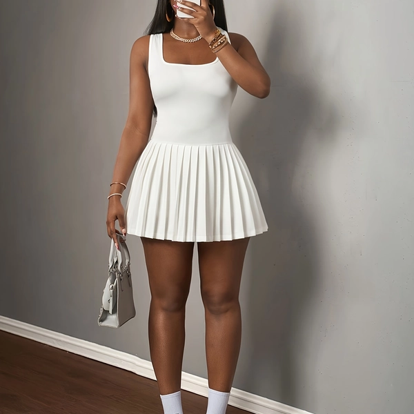 Women's High-Elasticity Sleeveless Square Neck Mini Dress with Pleated Hem - Solid Color Short (Wide Top/Narrow Bottom) for,, Commuting & Date Night - All-Season Dress, Machine Washable & Easy Care - Latin Style Collection