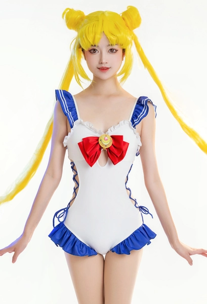 Miccostumes Swimsuits Ruffled for Bathing Lace-up One-Piece Bathing Suit Bow Decoration Swimwear