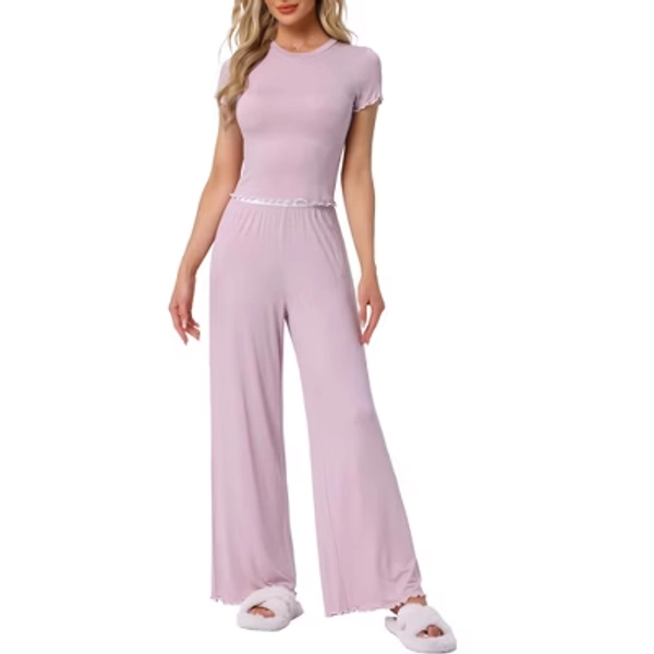 cheibear 2 Pcs Women's Knitted Short Sleeve Top Ruffled Long Wide Leg Pants Pajama Sets Large Pink