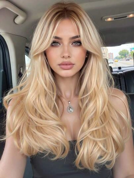 24 Inch Long Wavy Wigs With Bangs Dark Roots Brown Wigs For Women Brown Ombre Hair With Blonde Wigs,Heat-Resistant Synthetic Wigs For Daily Party Cosplay Wigs