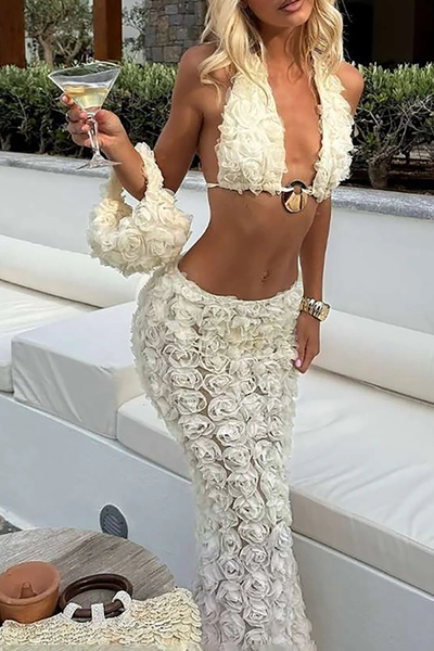 3D Flower Design Halter Bra Pantie Maxi Skirt Beach Swimsuit 3pcs Set-Beige