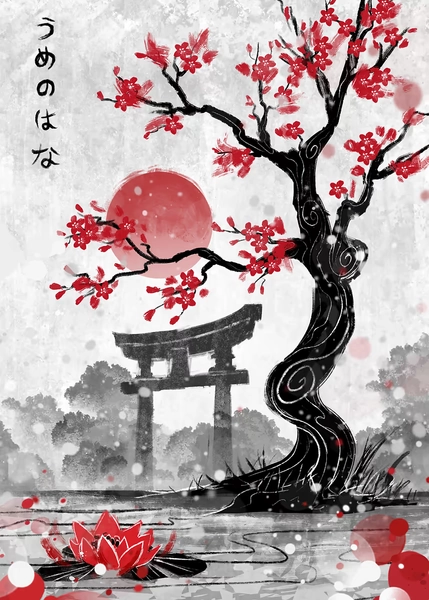 'Japanese Garden with Red Blossoms and Torii' Poster, picture, metal print, paint by Ruby Art | Displate