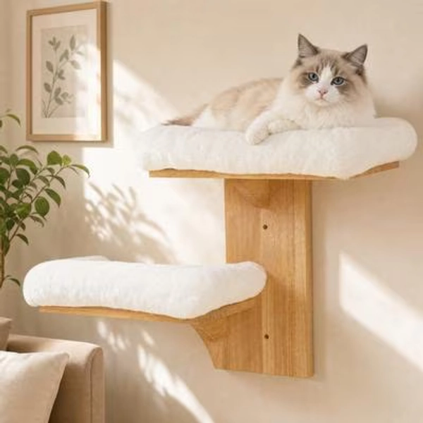FUKUMARU Solid Rubber Wood Tree Shape Wall Mounted Cat Wall Shelf with 2 Platform & Removable Cushions, Brown - Chewy.com