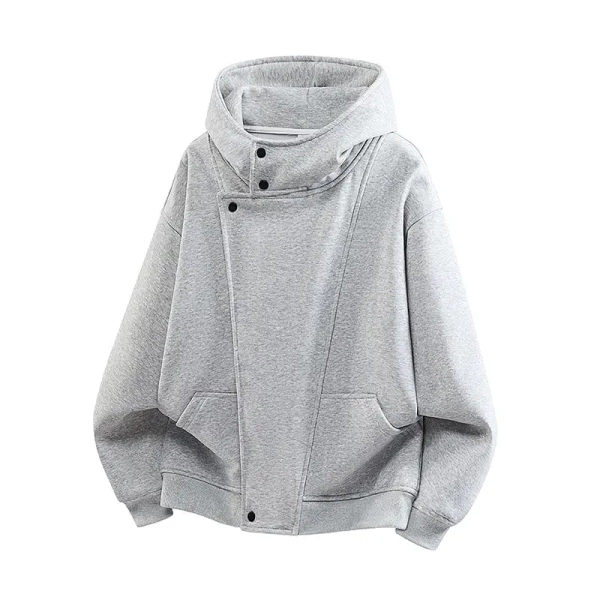 Men's High Collar Hooded Sweatshirt with Asymmetric Metal Snaps - Cotton Blend Casual Jacket