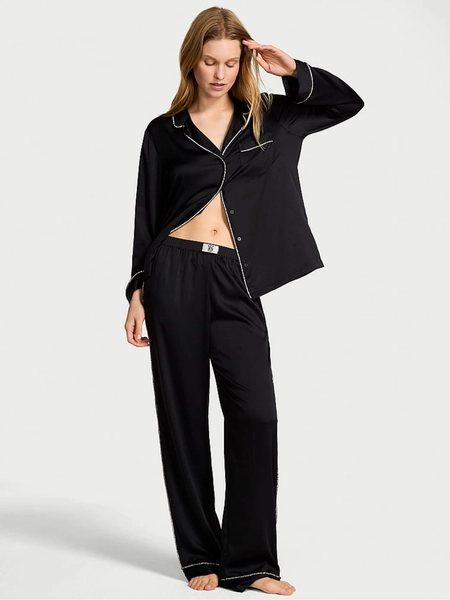 Victorias Secret Black Diamanté Trim Satin Shine Long Pyjamas Set