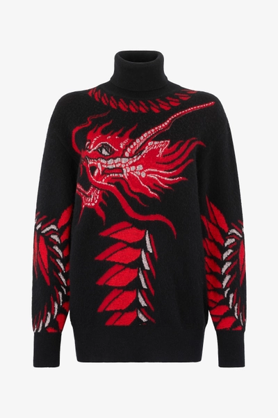 Roberto Cavalli Long Sweater With Pattern And Dragon - Female Black/red M M