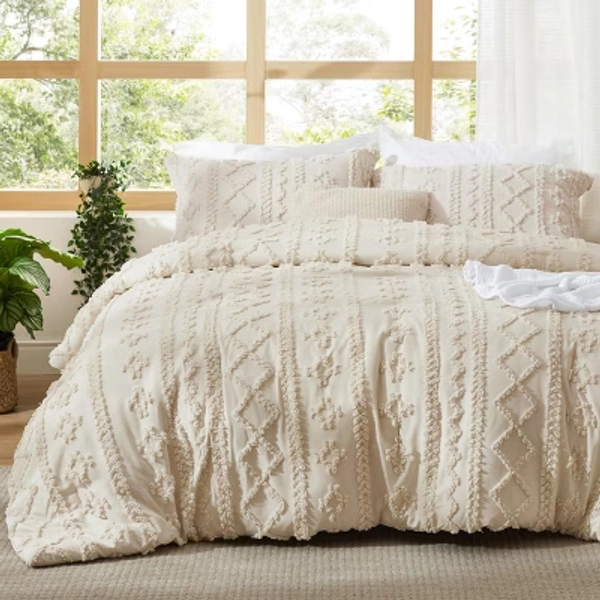 3Pcs Tufted Boho Farmhouse Shabby Chic Embroidery Beige Oversized Queen Size Comforter Set - Bedsure
