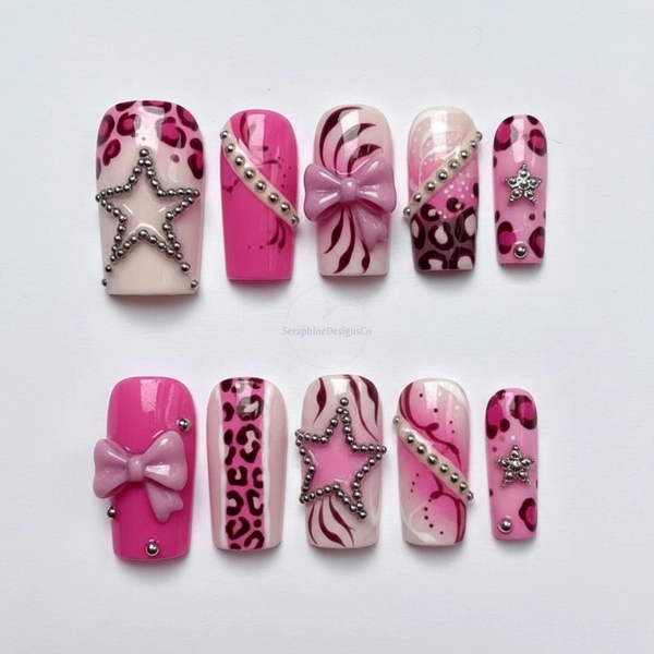 Hot Pink Y2K Press on Nails With Leopard Print, 3D Bow Charms, Star Stud Accents and Swirl Design for Bold Fashion Inspired Manicures - Etsy