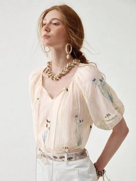 Florisole Bohemian Puff Sleeve Loose Floral Splice Casual Shirt