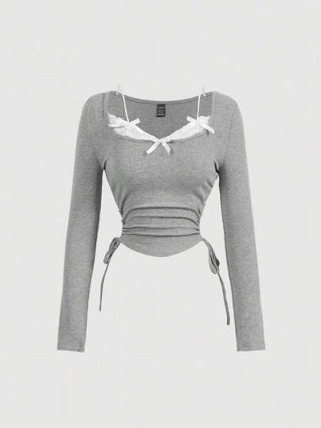 SHEIN MOD Women's Romantic Vintage 2 In 1 Lace & Bowknot Decor Long Sleeve T-Shirt,Women Tops,Women T Shirt