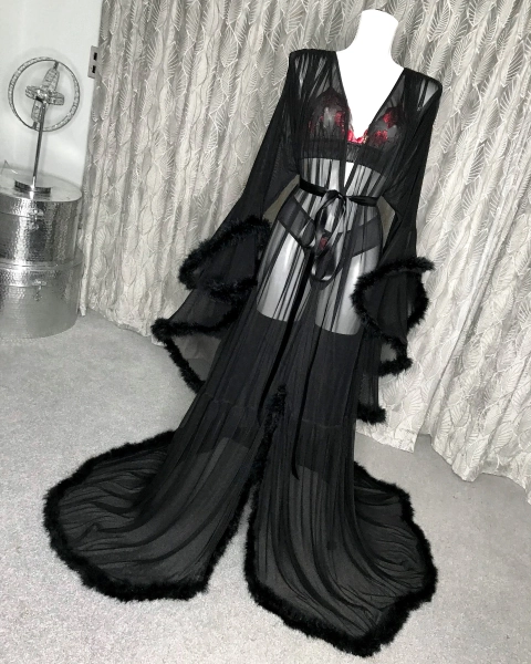 Long Black Feather High Quality Mesh Hollywood Style Vintage Robe, Bridal Wedding Photoshoot Ready, Robe Feather Trim, Boudoir Robe