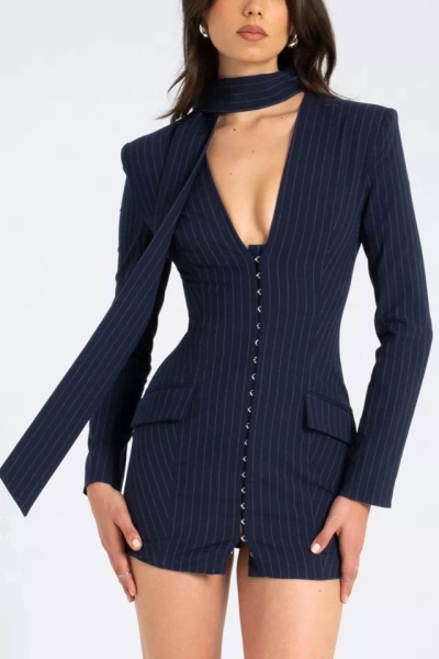 Miss Circle Tahlia Pinstripe Scarf Blazer Dress