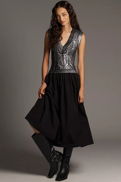 Pilcro Sleeveless V-Neck Foil Twofer Midi Dress