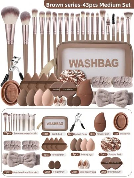 Conjunto de ferramentas de maquiagem 10/33/25/22/10/16/43 peças, incluindo: 1 bolsa multifuncional com zíper para artigos de higiene pessoal e cosméticos à prova d'água + 20 pincéis de maquiagem + 4 esponjas de maquiagem + 2 mini esponjas de maquiagem + 4 esponjas de pó triangulares + 2 mini esponjas de pó com almofada de ar + 1 faixa de cabelo + 2 alças para tigela de mão + 1 ferramenta de limpeza para pincel de maquiagem + 1 curvex de cílios + 1 compressa de gelo facial + 2 esponjas de pó redondas de duas cores sem látex + 2 esponjas de pó com almofada de ar