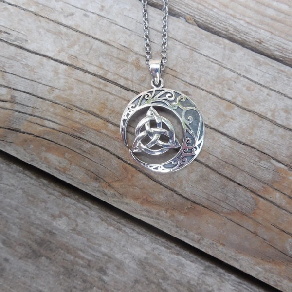 Celtic Moon Necklace With a Triquetra in the Center Handmade in Sterling Silver 925 - Etsy