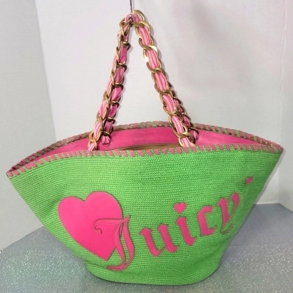 Juicy Couture Y2K Vintage XL Green & Pink Straw Tote Shopper Beach Bag Purse