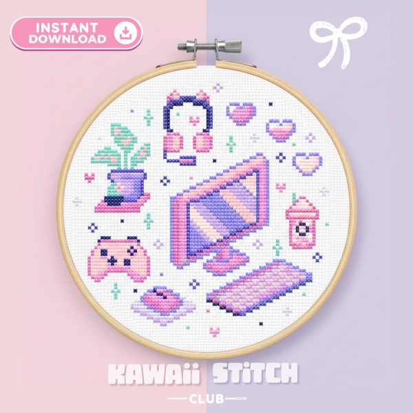 Kawaii Gaming Cross Stitch Pattern : Pastel Gamer Girl Desk Sampler (PDF Download)