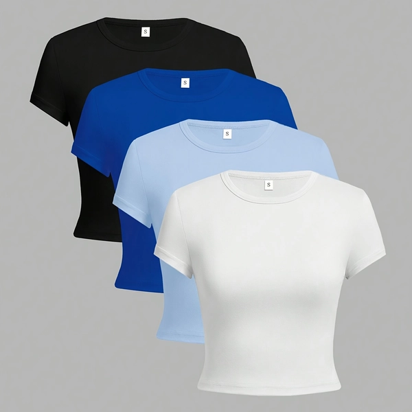 Juego de 4 camisetas de manga corta para mujer, estilo casual y ajustado, en varios colores